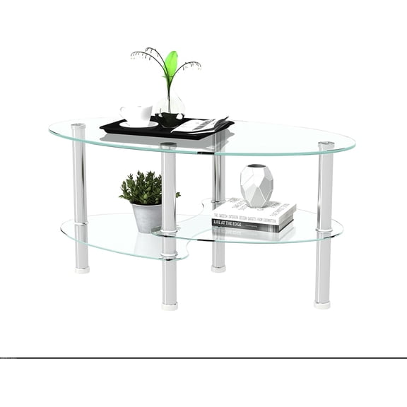 Glass Coffee Table, Living Room Side Table with Oak Legs, Triple Glass Structure with Smooth Edges, Modern Oval Side Table