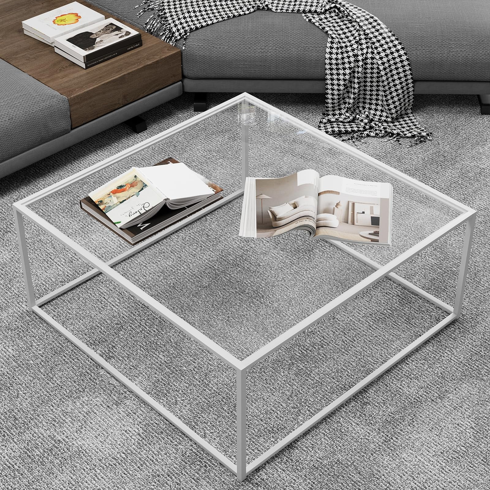 ​​​​​​​​​​​​Glass Coffee Table Square Coffee Table for Small Space,Modern Minimalist Center Table for Living Room Home Office,Tempered Glass-top with Sturdy Metal Frame,Easy Assembly,27 x 27In, White