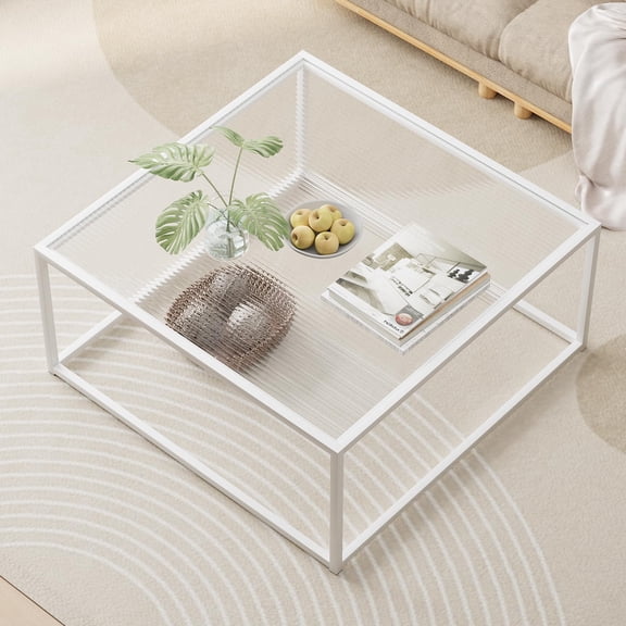 Glass Coffee Table Square Coffee Table for Small Space,Modern Minimalist Center Table for Living Room Home Office,Tempered Glass-top with Sturdy Metal Frame,Easy Assembly,27 x 27In, White