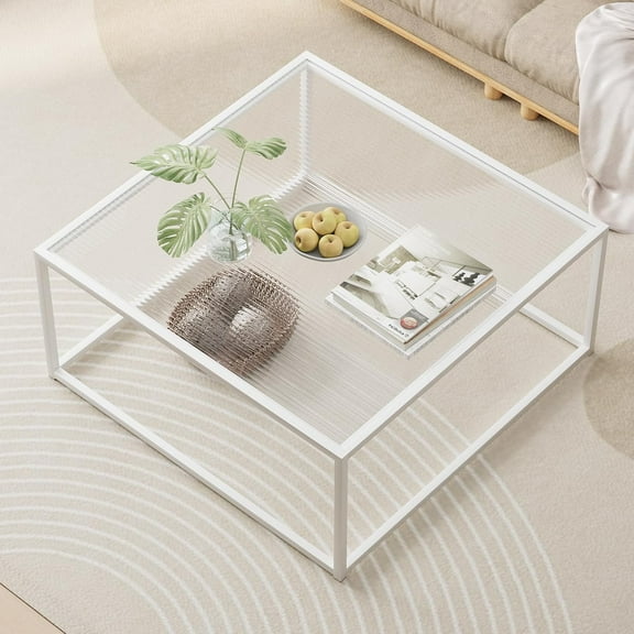Glass Coffee Table Square Coffee Table for Small Space,Modern Minimalist Center Table for Living Room Home Office,Tempered Glass-top with Sturdy Metal Frame,Easy Assembly,27 x 27In, White