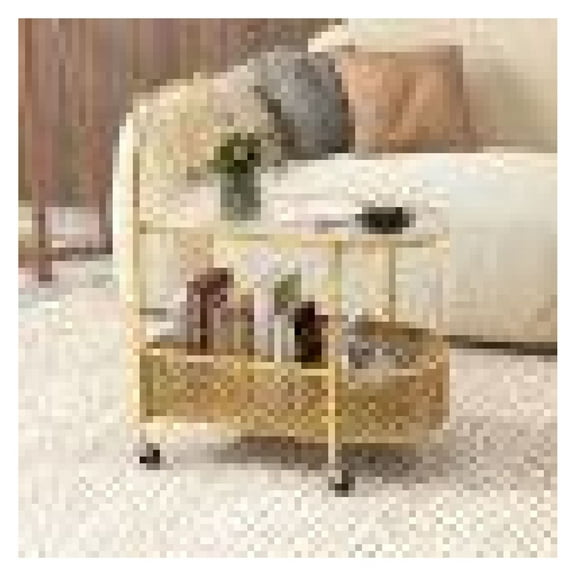 Glass Coffee Table with Storage, 2-Tier Mobile Bear Pattern Side Table, Living Room Cocktail Table with Wheels, Modern End Table for Bedroom, Study - 24x16x30 inch