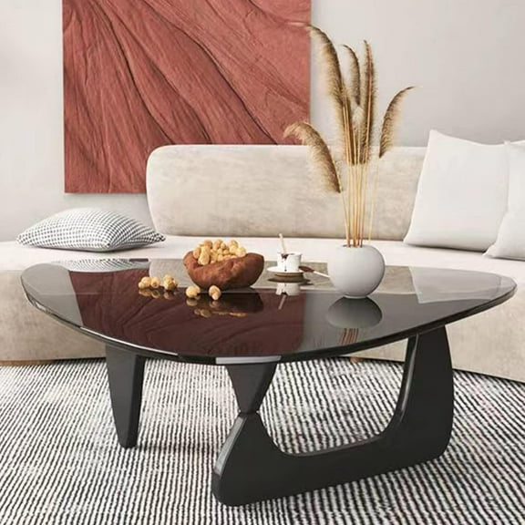 Glass Coffee Table Triangle Simple Modern Coffee Table Vintage Glass and Solid Wood Base Decor End Table for Living Room Patio Office (Black Gray, Small 32.2 * 22.4 * 16in)
