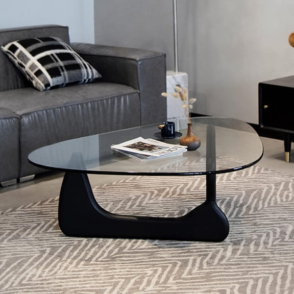Glass Coffee Table Triangle Simple Modern Coffee Table Vintage Glass and Solid Wood Base Decor End Table for Living Room Patio Office (Black Transparent, Large 50 * 35.8 * 16in)