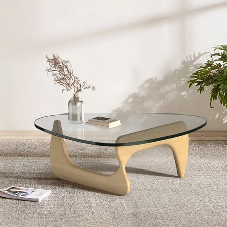 Raffle Pinker Coffee Table Triangle Tempered Glass Coffee Table End Table with Solid Natural Wood Base for Living Room