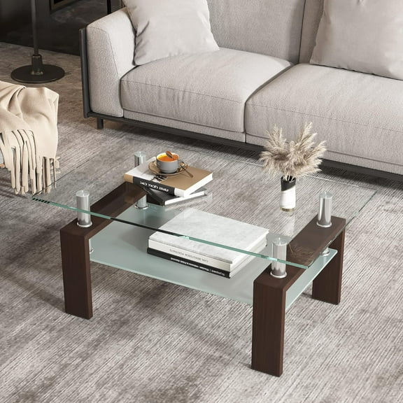 Glass Coffee Table for Living Room, 2-Tier Rectangle Center Table with Metal Legs, End Table for Home, Office, Brown
