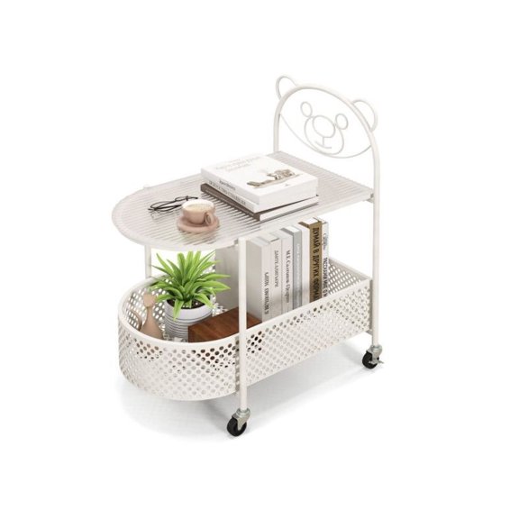 Glass Coffee Table with Bear Design, 2 Tier Mobile Side Table