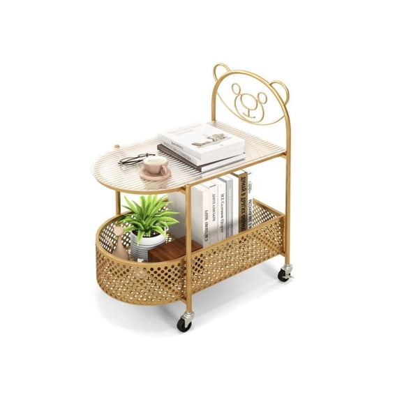 Glass Coffee Table with Bear Pattern, 2 Tier Mobile Side Table, Tempered Glass Coffee Table with Storage Basket, Living Room Small Coffee Table