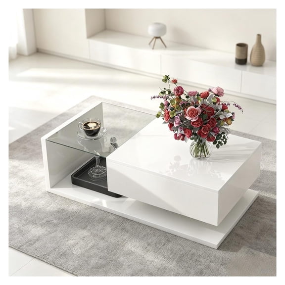 Glass Coffee Table with Drawer, White Center Table with Tempered Glass Top, Living Room Modern Storage