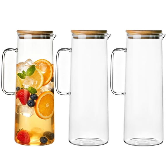 3 Pcs Glass Pitcher Set, 50.7 fl oz Water Carafes with Wood Lid and Silicone Seal, Clear Beverage Jugs with Handle for Juice, Iced Tea, Lemonade