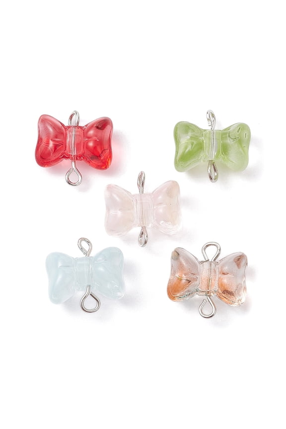 Glass Connector Charms Bowknot Links with Metal Double Loops Platinum 13x14.5x8mm Hole: 1.5~3mm
