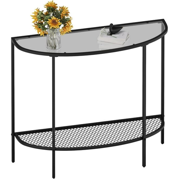 Glass Console Table 2 Tier Half Moon Entryway Table Modern Couch Table Small Entry Way Tables for Living Room Hallway, Easy Assembly, Gray Glass