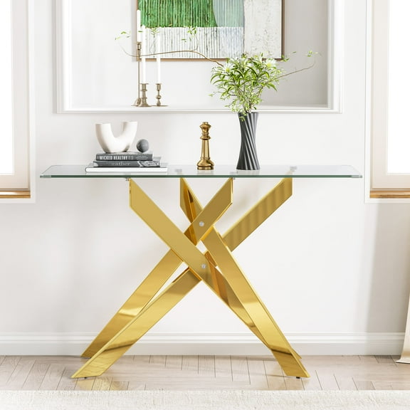 Glass Console Table, Narrow Entryway Table with Tempered Glass Top and Gold Metal Legs, Modern Sofa Table for Hallway, Foyer, Living Room, Office