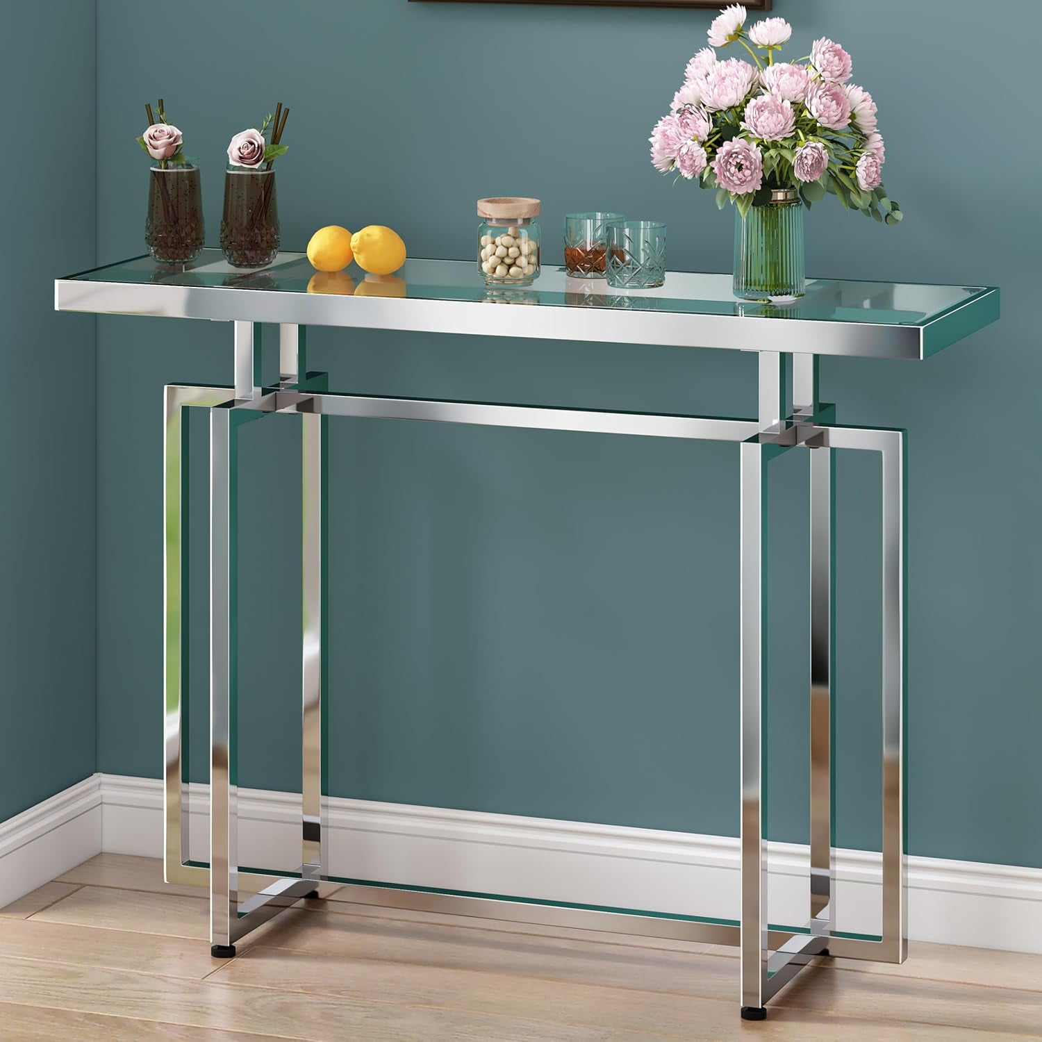 Glass Console Table for Entryway, Modern Entryway Table with Tempered