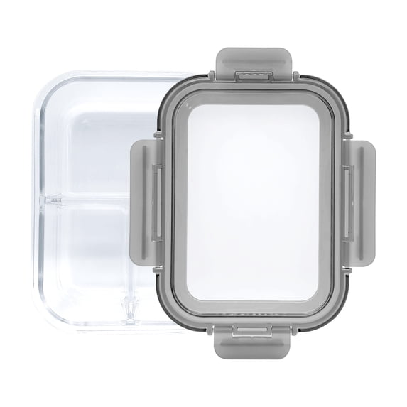 JUST COOK 3-Compartment Rectangular Glass Food Storage Container with Expandable Lid, Light Gray