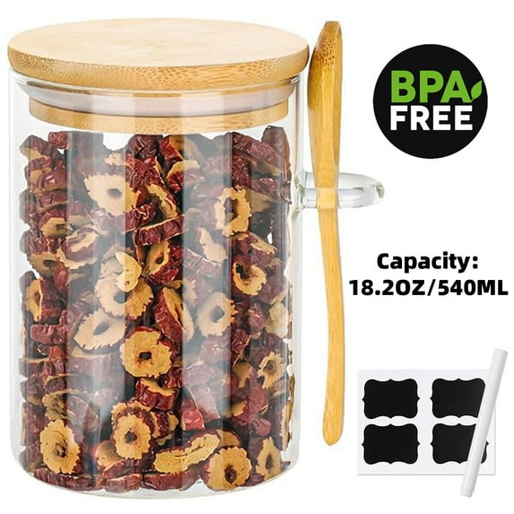 Glass Containers with Airtight Bamboo Lids Food Storage Containers 18.2Oz with Scoop for Sugar Cereal Nuts Spice Jars
