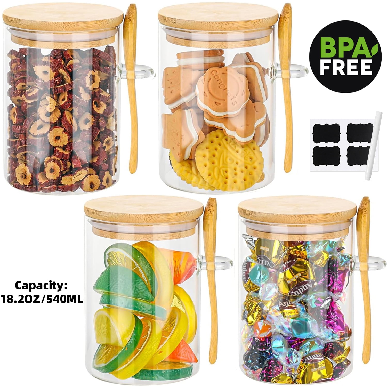 Glass Containers with Airtight Bamboo Lids Set of 4 Food Storage Containers 18.2Oz with Scoop for Sugar Cereal Nuts Spice Jars