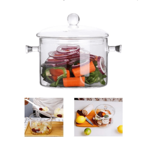Glass Cooking Pot - 2L/67oz Glass Saucepan Heat-Resistant Borosilicate Glass Handmade Cookware Set stovetop Pot - Safe for Pasta Noodle, Soup, Milk, Tea,salad (2L/67OZ)