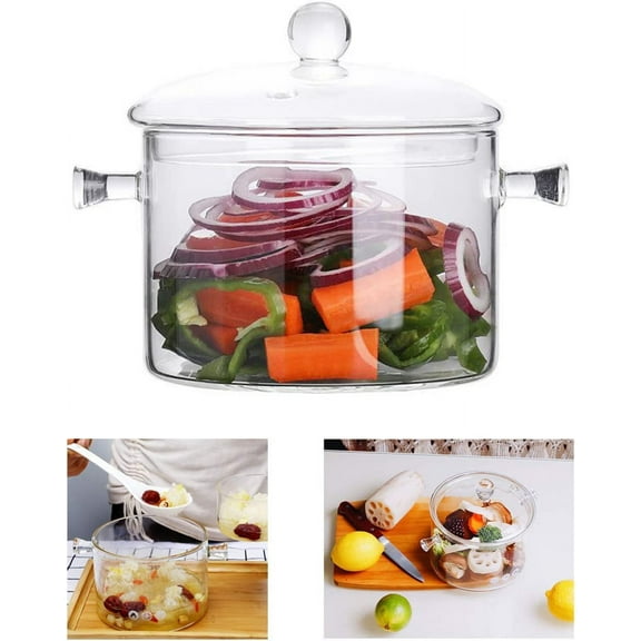 Glass Cooking Pot - 2L/67oz Glass Saucepan Heat-Resistant Borosilicate Glass Handmade Cookware Set stovetop Pot - Safe for Pasta Noodle, Soup, Milk, Tea,salad (2L/67OZ)