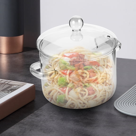 Glass Cooking Pot with Lid, 1.5L(50oz) Clear Borosilicate Glass Simmer Pot with Handle, Heat Resistant Glass Stovetop Pot, Microwave and Dishwasher Safe