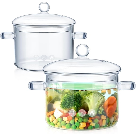 Glass Cooking Pot Set with Cover and Handle 44 oz and 50 oz Heat Resistant Clear Simmer Saucepan for Noodles Soup Tea Milk Pasta