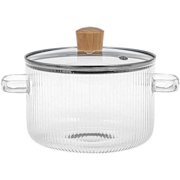Glass Cooking Pot with Lid and Wooden Handle, 1350ml-1800ml Heat Resistant Borosilicate Glass Simmer Pot for Stove