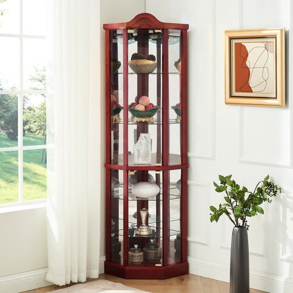 Glass Corner Display Unit with Lighting | Displays Antiques and Wines in Stylish Way | Cabinet with Smooth Silhouette and Glass Pane Doors | Adjustable Shelves for Custom Display