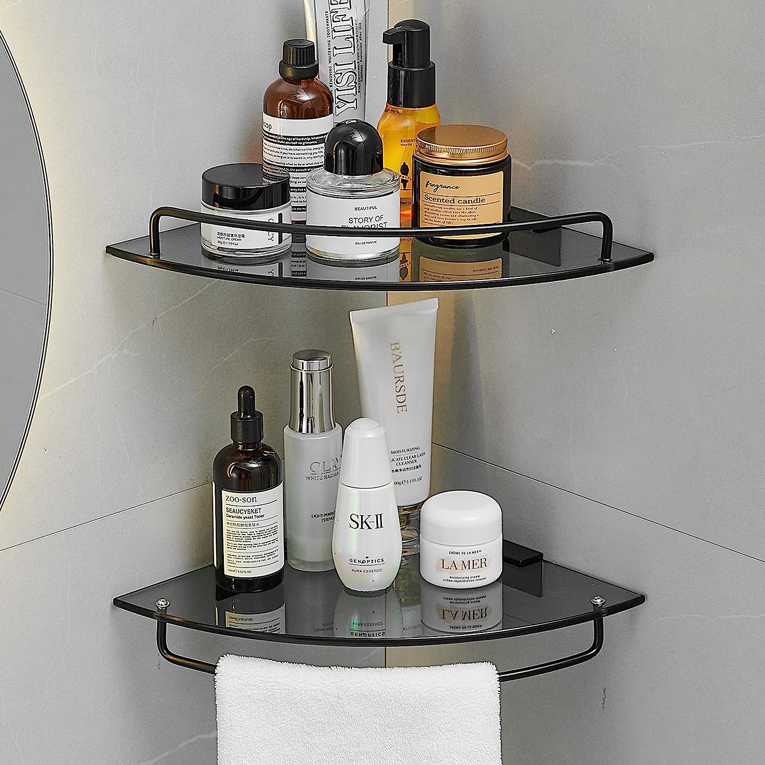 Glass Corner Shelf for Bathroom Corner Shower Shelf Black Tempered