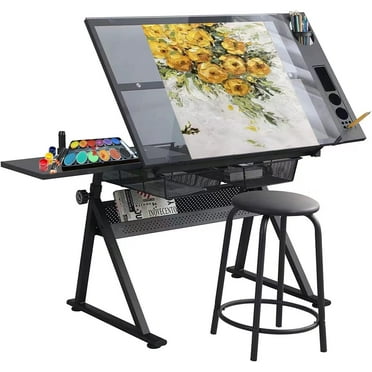 Glass Craft Table Drawing Desk – Drafting Tables Hobby Table Writing Studio Art Artist Desk with Adjustable Tilted Tabletop (Black)
