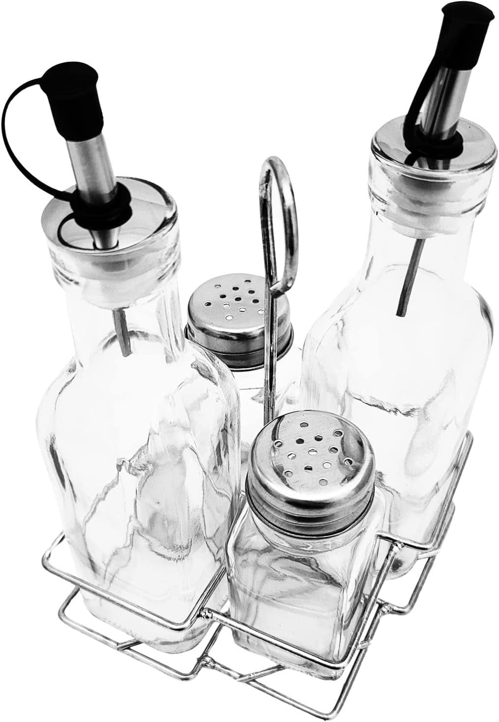 Seasoning Bottle Set Condiment Holder Seasoning Rack Four-In-One Oil Vinegar Dispensers Salt Pepper Shakers Glass Cruet Set with Convenient Caddy