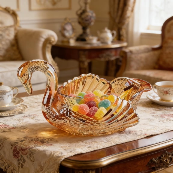Glass Crystal Swan-Shaped Candy Dish, Creative Swan Design Fruit Bowl for Tabletop Decoration, Dessert Snack Plate for Home, Office, Wedding Decor (Yellow)
