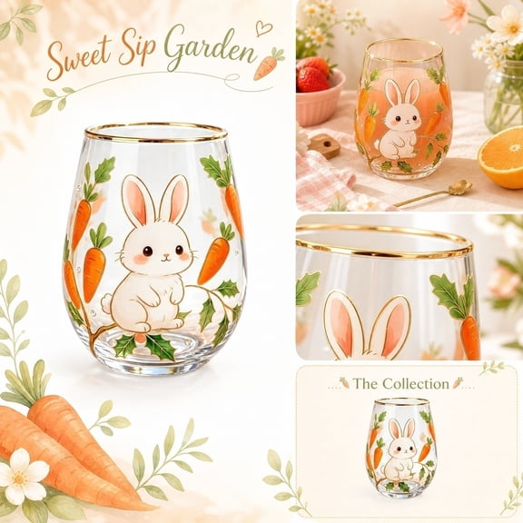 Glass Cup, Clear Tumbler with Cartoon Cute Rabbit Carrot Print, Stemless Glass with Delicate Gold Trim Rim, Tumbler Cup 4.5X3 in Printed Easter Themed Decorative Glass, Safe