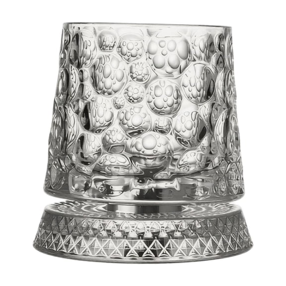Glass Cup, Embossed Bubble Pattern Clear Rotatable Water Tumbler, 2 Piece Set 7.8 oz Capacity with Decorative Etched Glass Base, For Home Bar Party Cocktail Whiskey Beverage Drinking Use