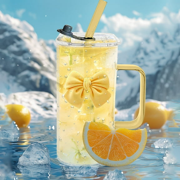 Glass Cup, Knot Handle, Beverage Container, Transparent with Straw, for Coffee Milk, Drinking Experience Enhancement | Yellow KTFgvq