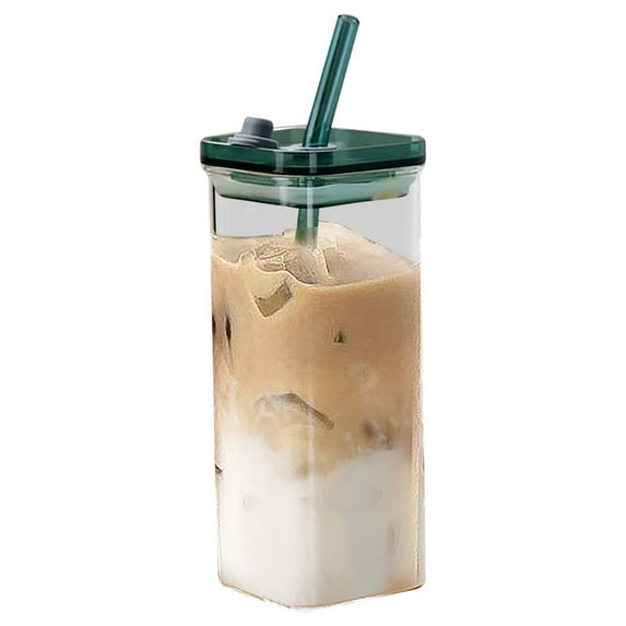 Glass Cup with Lid and Straw, 12 Oz Iced Coffee Cup,Glass Smoothie Drinking Cups Set, Reusable Transparent Glasses Cups Suitable for Cocktails, Beer, Coffee