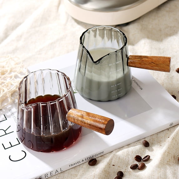 Glass Cup Milk Pitcher - Wooden Handle, Heat-Resistant Design, Condiment Dispenser, Coffee Creamer Server, Kitchen Countertop Decor