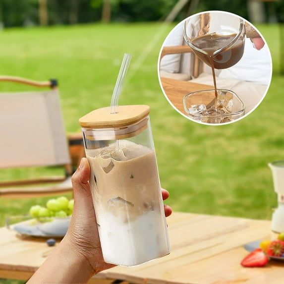 Glass Cup with Transparent Lid and Straw,350 ml Iced Coffee Cup,Glass Smoothie Drinking Cups Set, Reusable Transparent Glasses Cups Suitable for Cocktails,Beer,Coffee