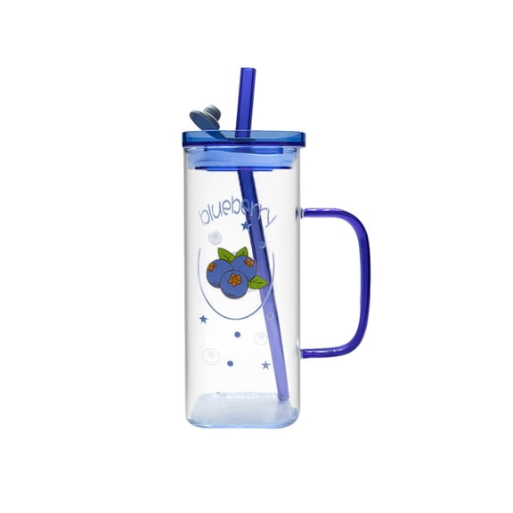 Glass Cup with Handle,Glass Cup with Lid & Straw, Transparent Long Glass Mug for Tea, Milk, Coffee, Perfect for Home, Office & Cafe, 13.5oz