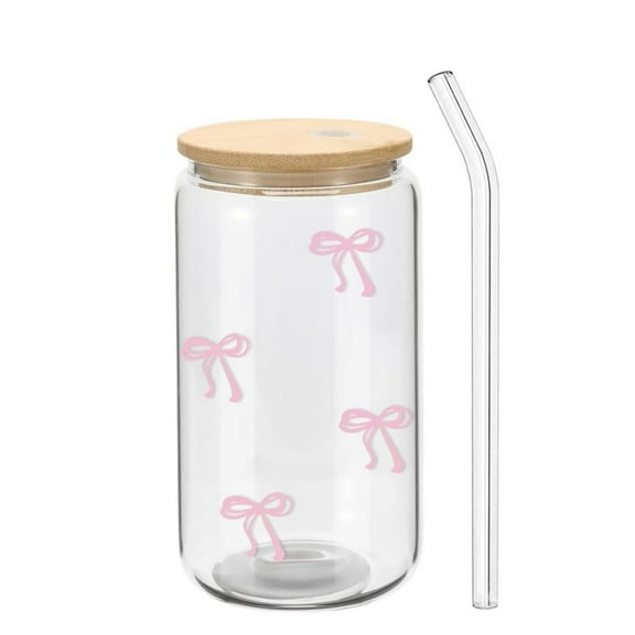 Glass Cup with Lid and Straw, Boriyuan 16 oz Iced Coffee Cup, Reusable Pink Bow Design Cute Tumbler for Women Friend Sister Girlfriend