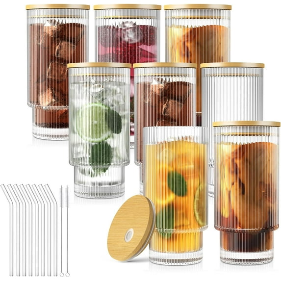 Glass Cups, 16OZ Vintage Glass Coffee Cups with Lids and Straws 8 Set, Vintage Glassware for Whiskey Cocktail Beer, Iced Coffee Cups with Lid, Glass Tumbler with Straw and Lid