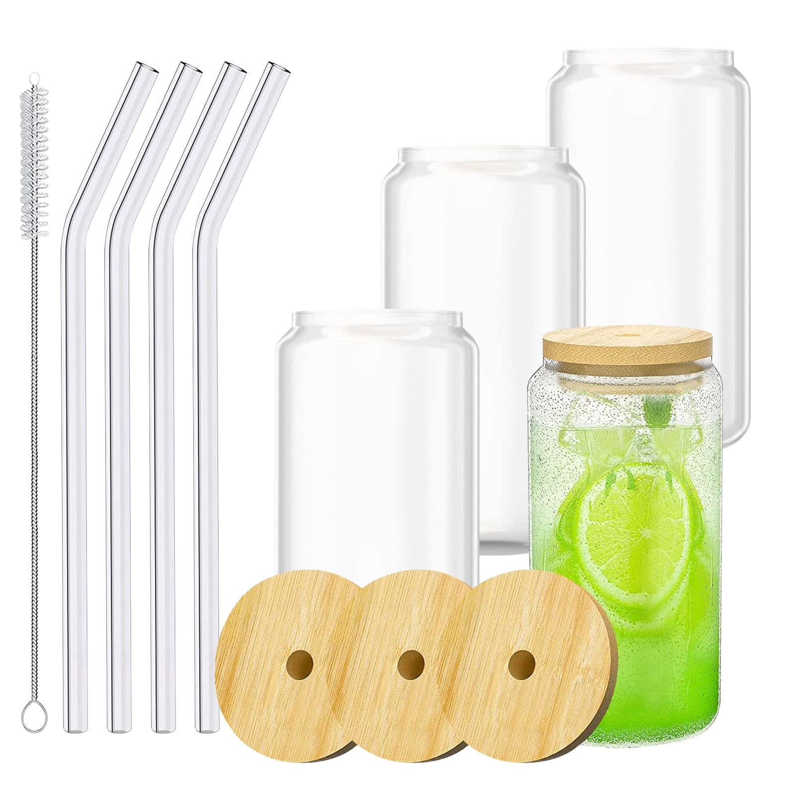 Vozoka Beer Glass Cups with Bamboo Lids and Glass Straw, 6 Set 16 oz Ice Coffee Glasses, Tumbler Glass Cup, Drinking Glasses Set for Coffee Whiskey