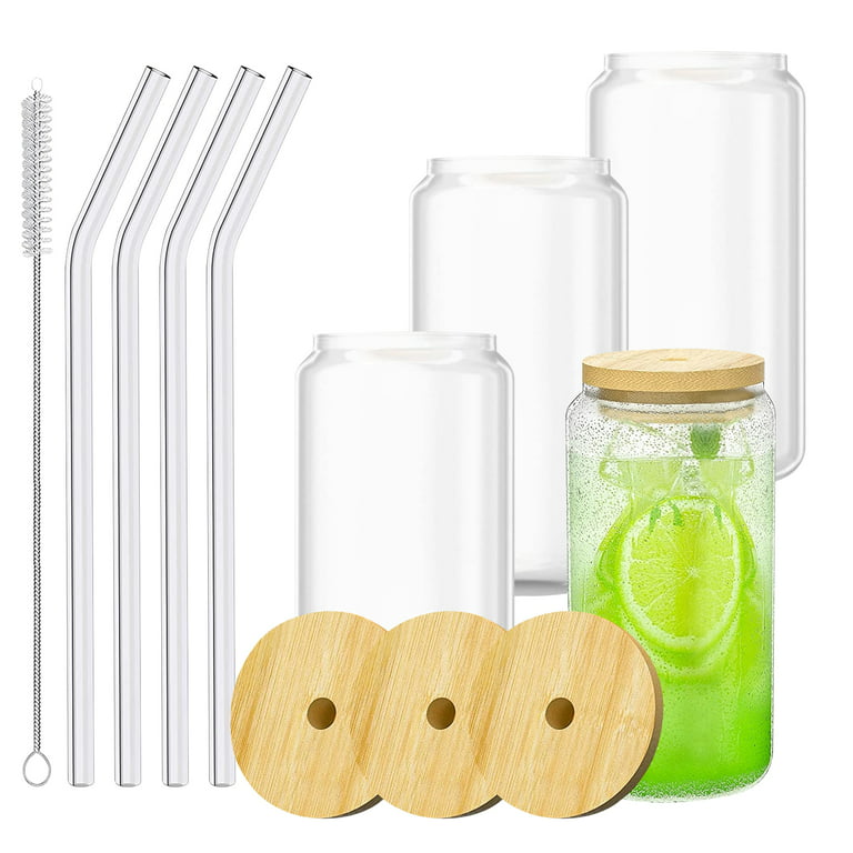 16 OZ Glass Cups with Bamboo Lids and Straws - Beer Can Shaped Drinking  Glasses