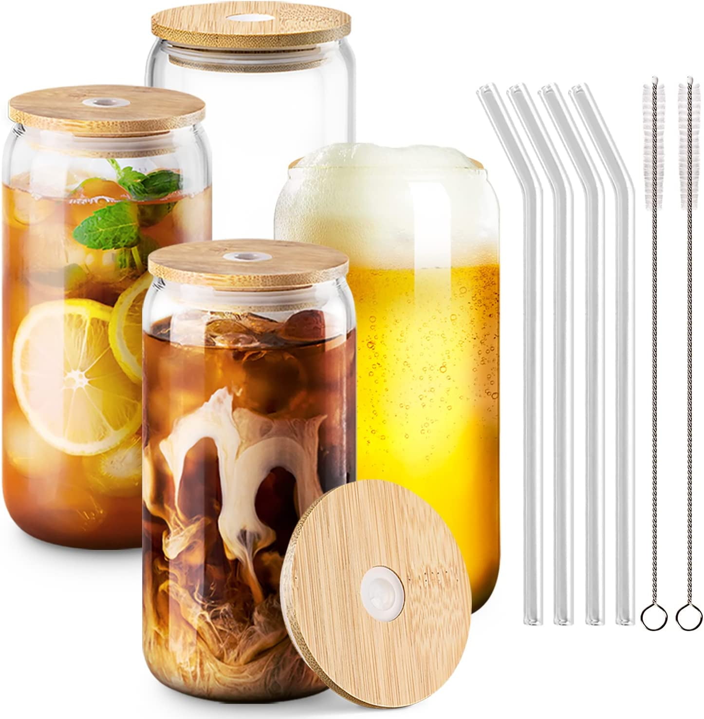 Glass Cups With Bamboo Lids And Straws, 16 Oz Drinking Glasses 4pcs Set ...