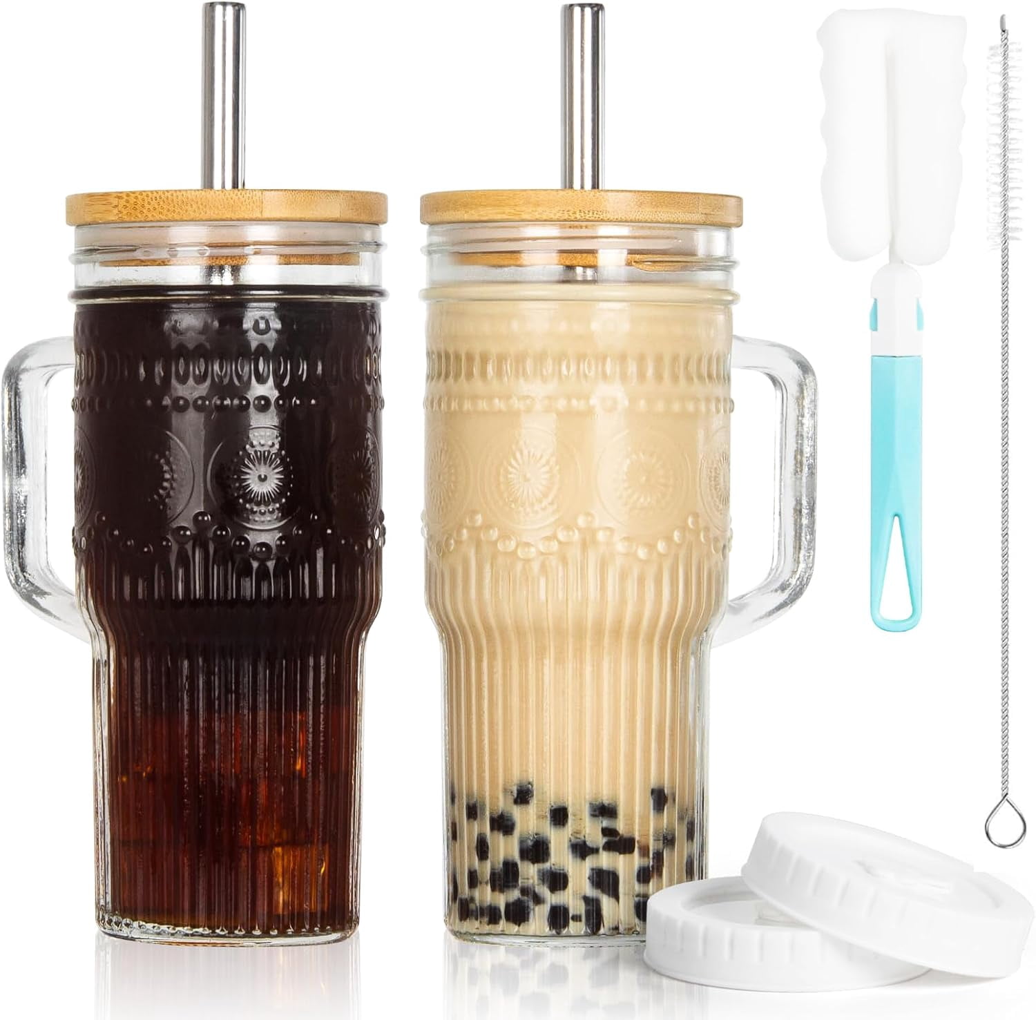 Glass Cups with Bamboo Lids and Straws, 22oz Glass Tumbler with Handle,  Stainless Steel Straws & Cleaning Brushes  Boho Pattern Iced Coffee Cup  for ...