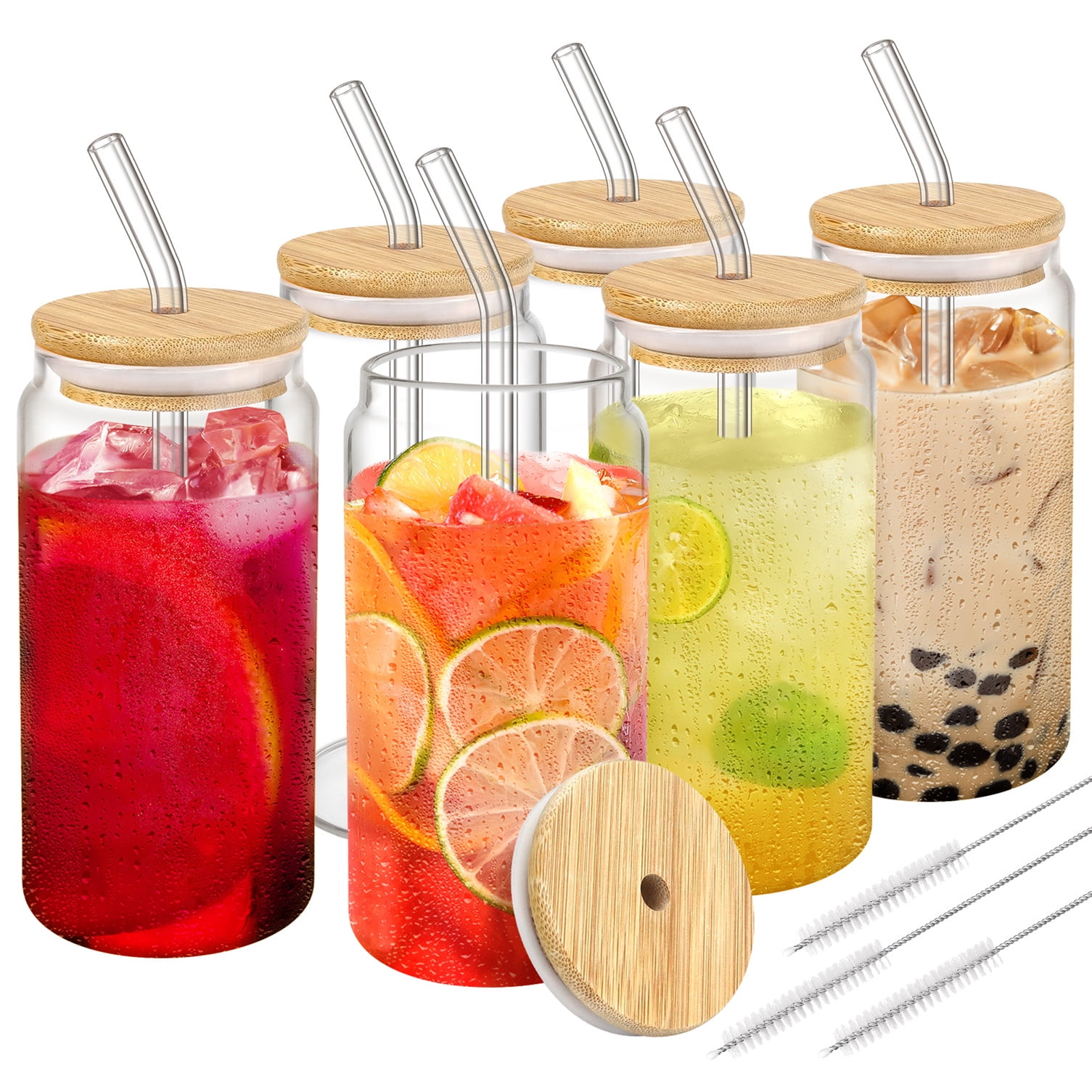Glass Cups with Bamboo Lids and Straws Set of 6, 16oz Can Shaped ...