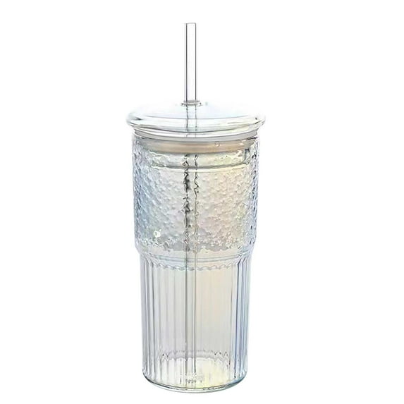 Glass Cups with Drinking Straw, Lids & Silicone Gasket, 100ML/350ML/600ML Durable Glass Cups Drinking Jar Iced Coffee Cups Vintage Ripple Glassware for Water Coffee Tea, 1Pc(Clear1,2.7x2.7x7.1")