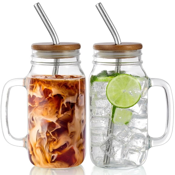 Glass Cups For Iced Coffee  24oz Mason Jar With Lid And Straw Cup Jars Handle Drinking Glasses Set Of 2