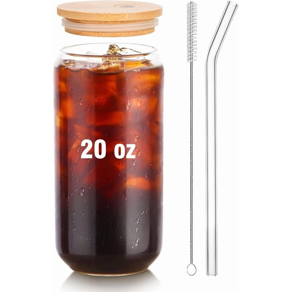 Glass Cups with Lids and Straws 1Pack,Glass Coffee Cups with Lid, Smoothie Cup,Beer Glasses,Cocktail Glasses for Whiskey,Soda-20 Oz Glass Tumbler with Straw,1 Brush