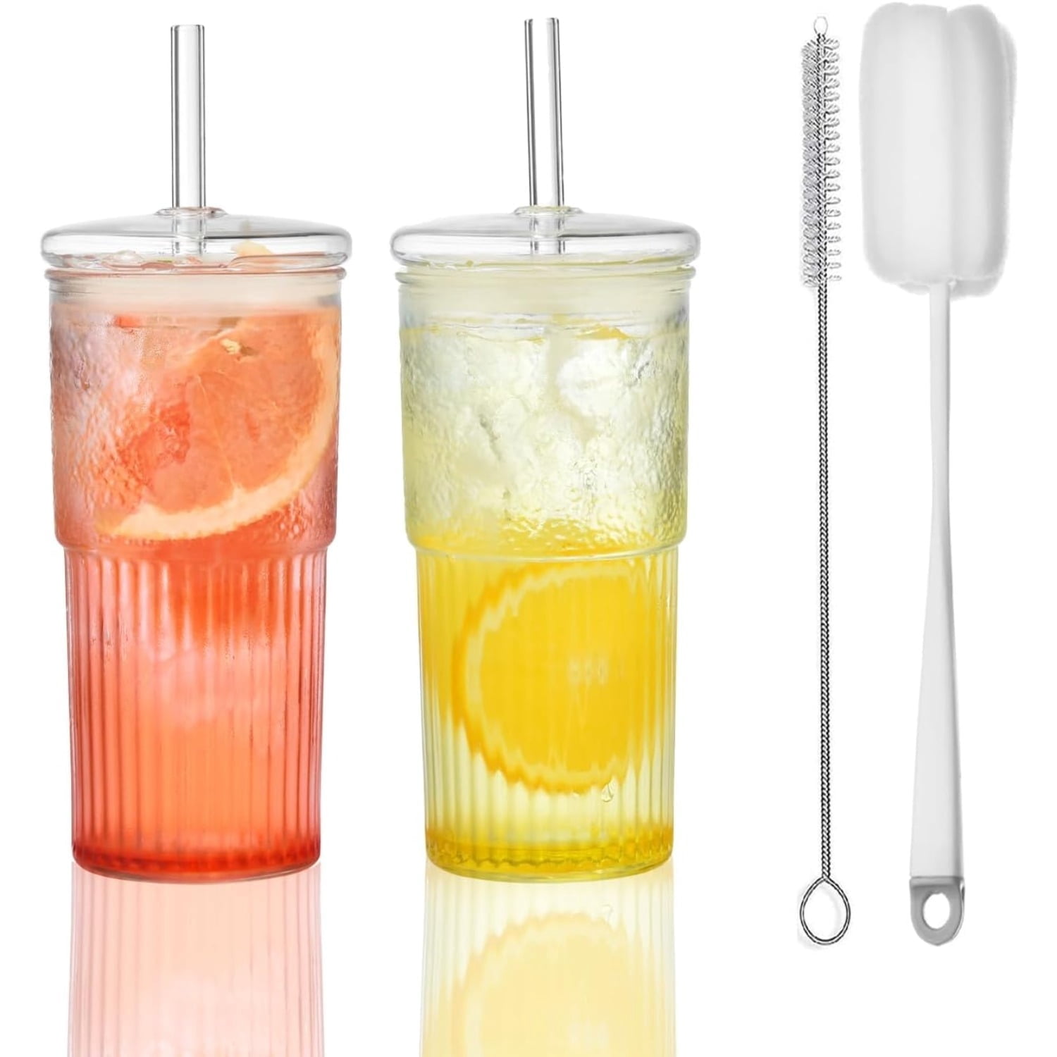 Glass Cups with Lids and Straws, 22 oz High Borosilicate Clear Iced Coffee Glass Tumblers, Drinking Glass Smoothie Tea Water Cups, Pack of 2 with Cleaning Brush