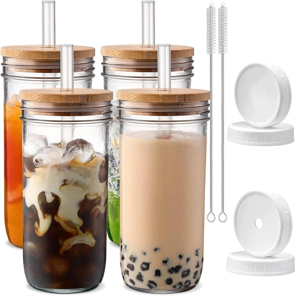 Glass Cups with Lids and Straws,24 oz Smoothie Cup with Lid and Straw-Boba Mason Jar,Matcha Cup Wide Mouth Reusable Drinking Glasses,Iced Coffee Cups Glass,Vasos De Vidrio4 Pack