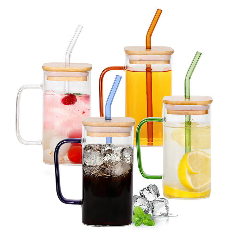Glass Cups with Lids and Straws, 4 Pack 17 OZ Iced Coffee Cups with Handle,  Square Drinking Glasses with Bamboo Lids and Straws for Hot/Iced Coffee,  Juice, Beer 